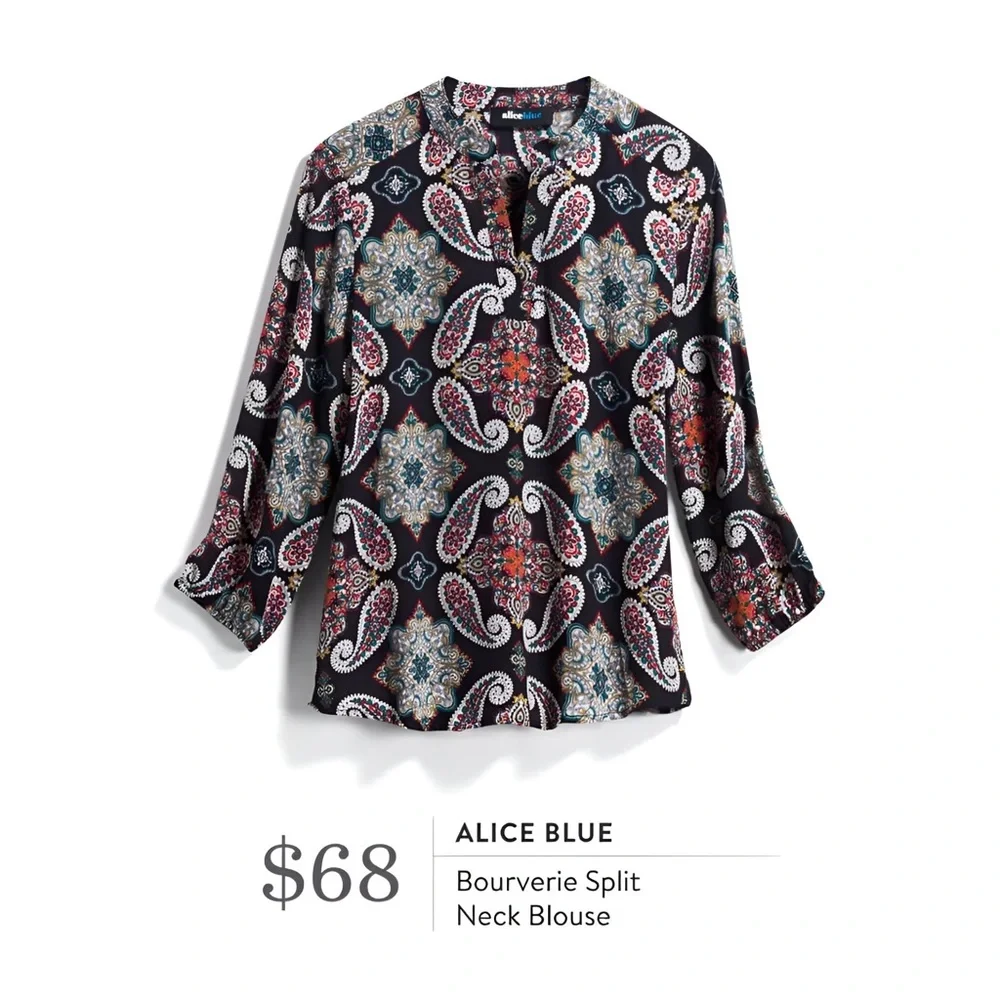 Alice Blue Black Multicolor Paisley Floral Print Split Neck Long Sleeve Top - Picture 14 of 14